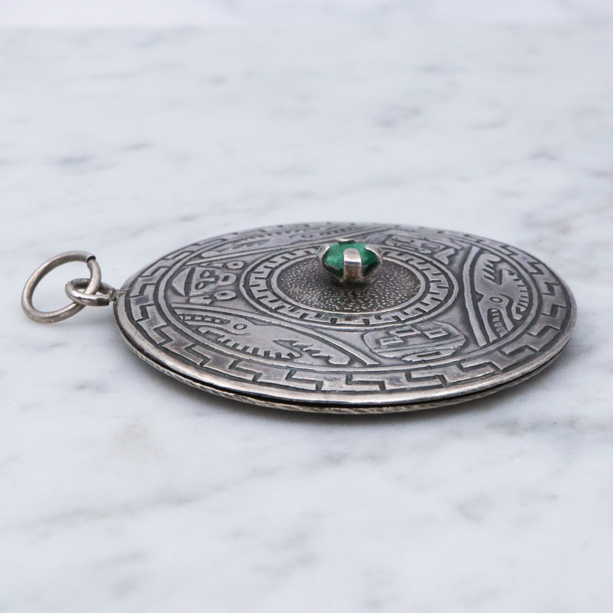 Vintage Peruvian sterling silver raw emerald pendant medallion